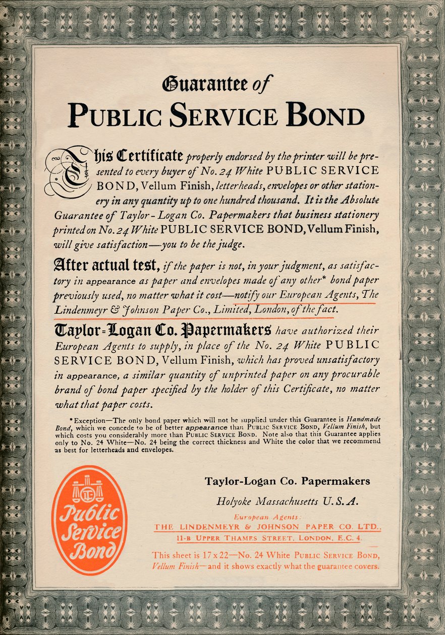 Guarantee of Public Service Bond - Taylor-Logan Co. Papermakers advert, 1919 by Unbekannt