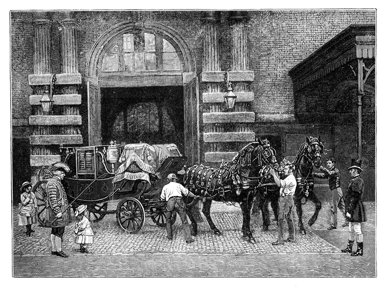 Harnessing the black horses at the Royal Mews, Buckingham Palace, London by Unbekannt