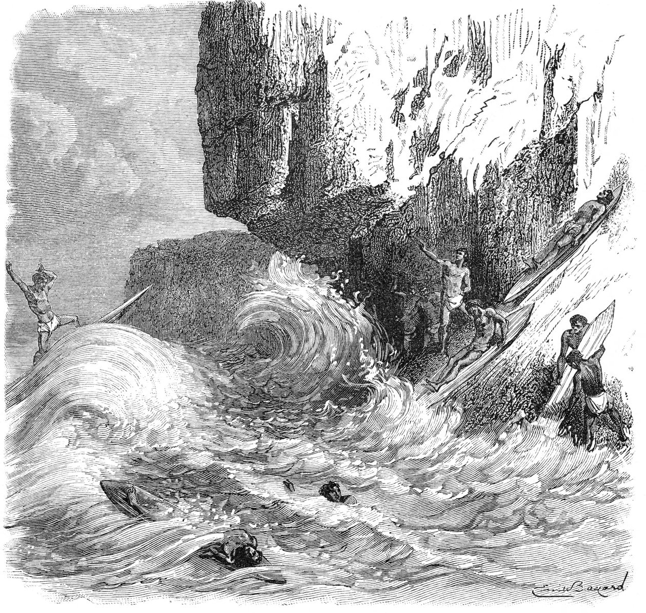 Hawaiian Men Surfing Using Wooden Boards by Unbekannt