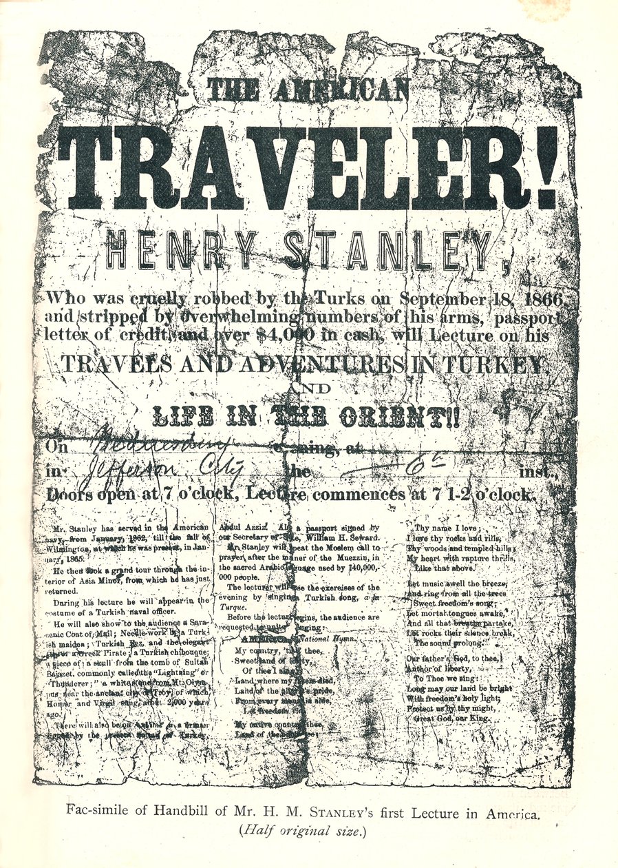 Henry M. Stanley, Handbill from Lecture Tour in America, At age 31 discovered Dr. Livingstone in Africa by Unbekannt