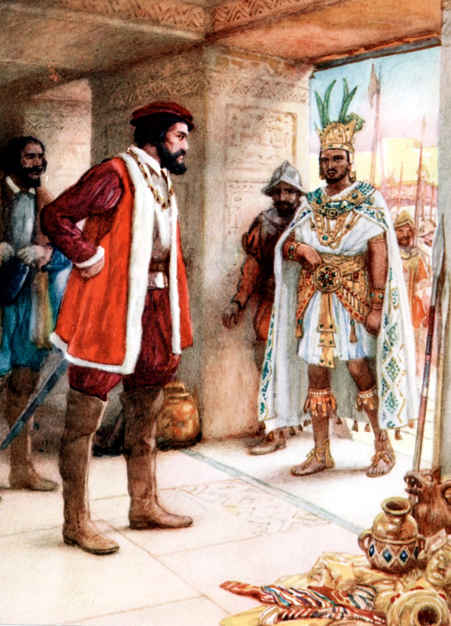 Hernan Cortes Meeting the Aztec Emperor Montezuma by Unbekannt