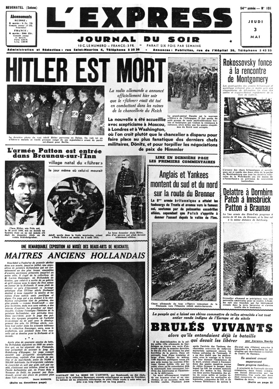 Hitler is Dead, front page of LExpress newspaper, 3 May 1945 by Unbekannt