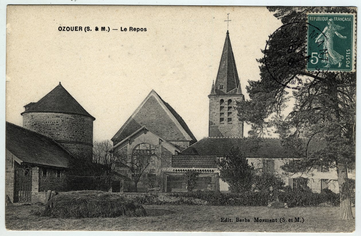 Ile de France, Seine et Marne, Ozouer le Repos: exterior view of the church Saint Aubin - Postcard dated 1908 by Unbekannt