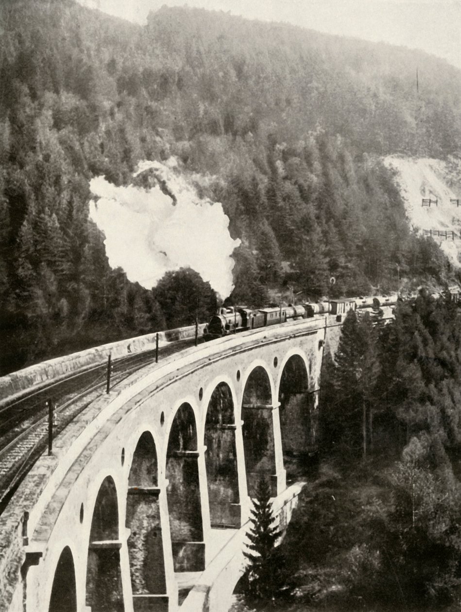 In the Semmering Valley, Austria. A good train crossing the curved Gamperl Viaduct by Unbekannt