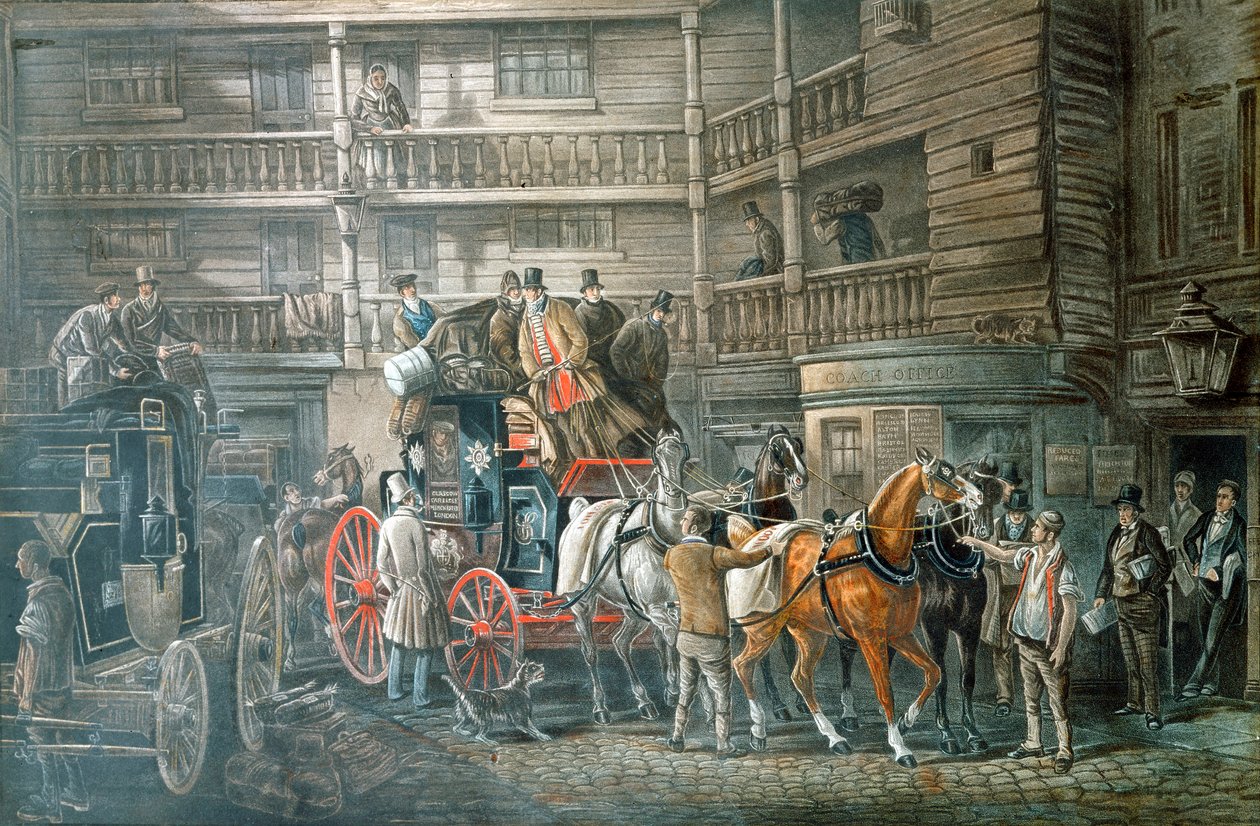 Inn yard with Mail Coach preparing to leave, c. 1840 by Unbekannt
