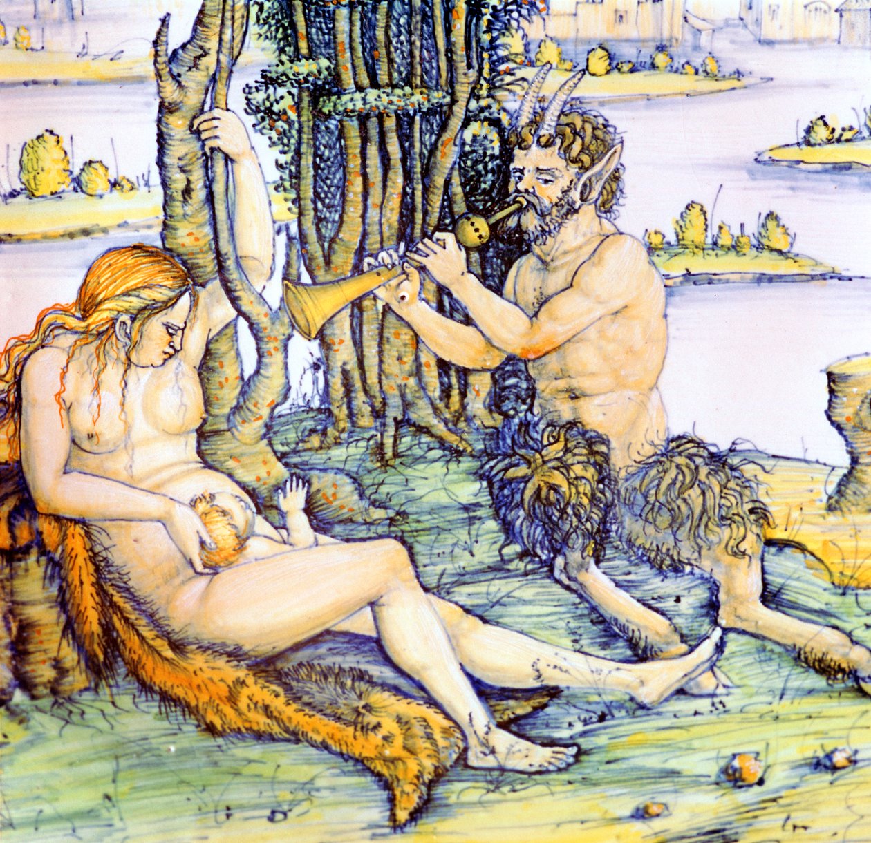 Italian Earthenware Plate Showing the Satyr Family After Durer by Unbekannt