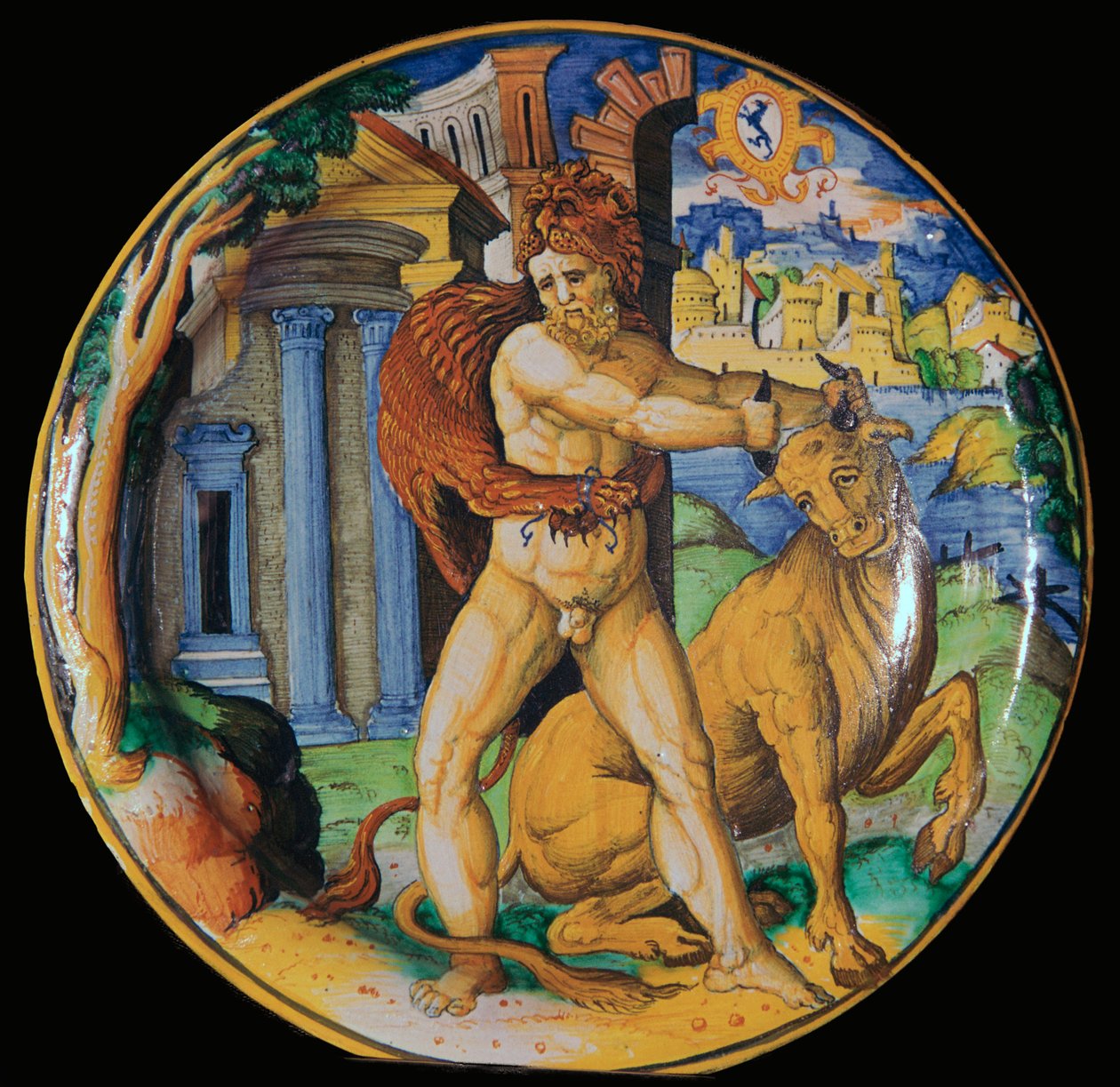 Italian Earthenware Plate with an Image of Hercules and the Cretan Bull, 16th Century by Unbekannt