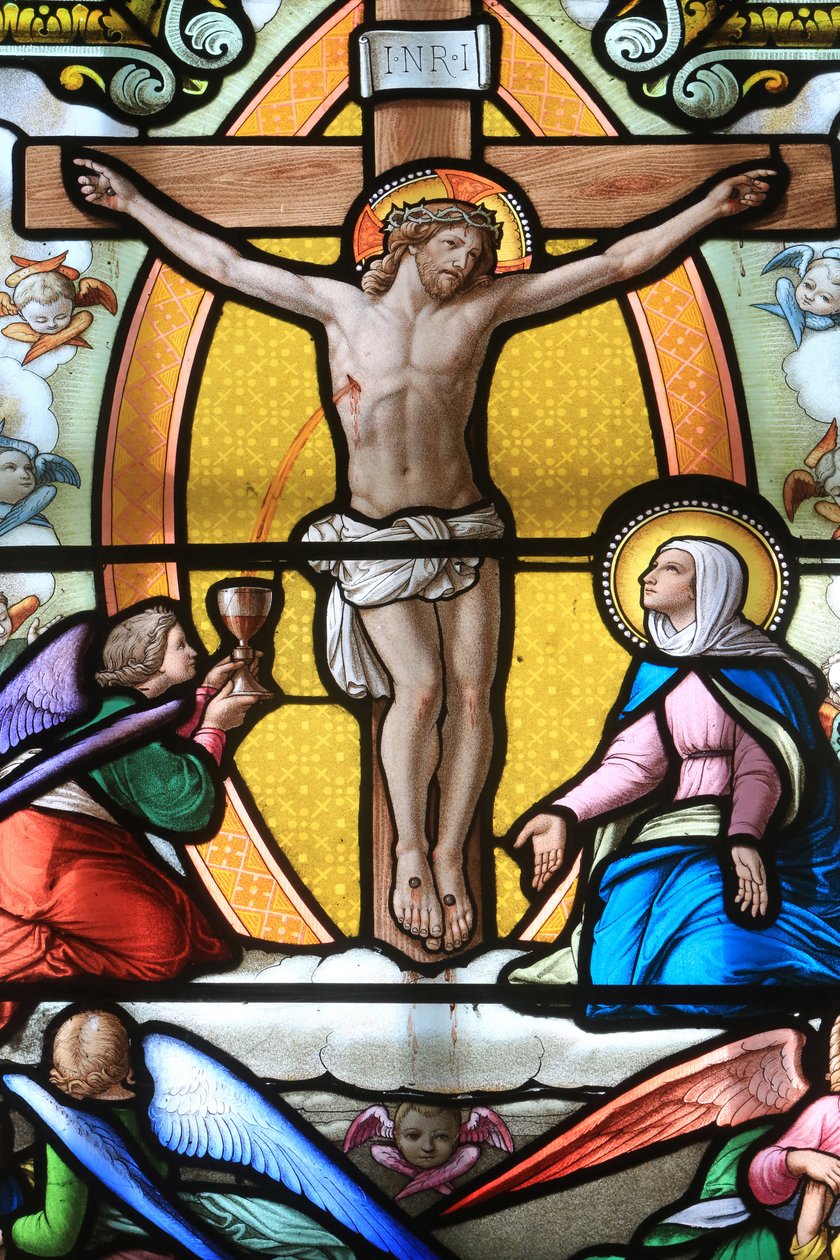 Jesus Christ on the Cross, Stained Glass Window, Shrine of Our Lady of La Salette, La Salette-Fallavaux by Unbekannt