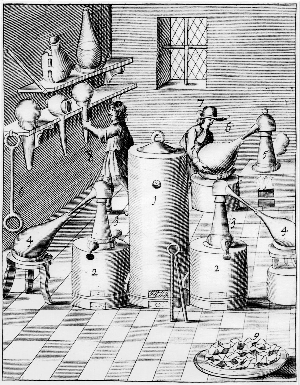 Laboratory for refining gold and silver, showing typical laboratory equipment by Unbekannt