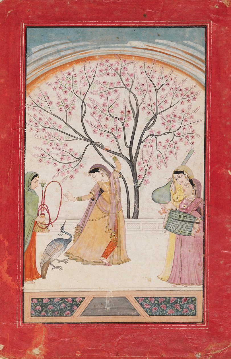 Lady on Terrace with Tree Branch, Peacock, Maid, and Two Musicians by Unbekannt