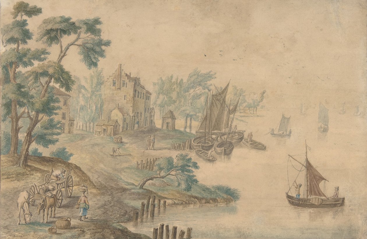 Landscape with Horses and Carts and a River at Right by Unbekannt