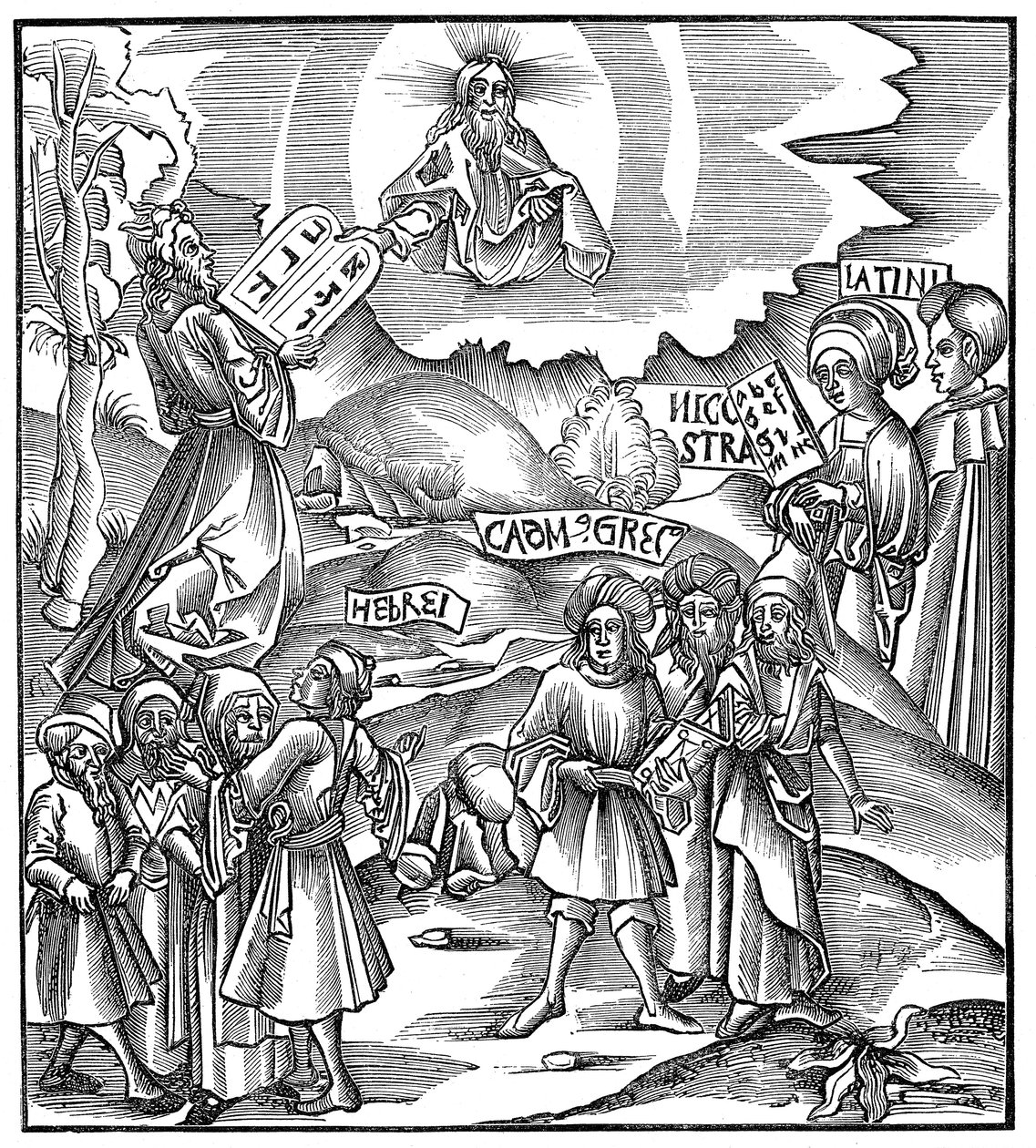 Moses receiving from God the tablets of the Law in Hebrew, 1512 by Unbekannt