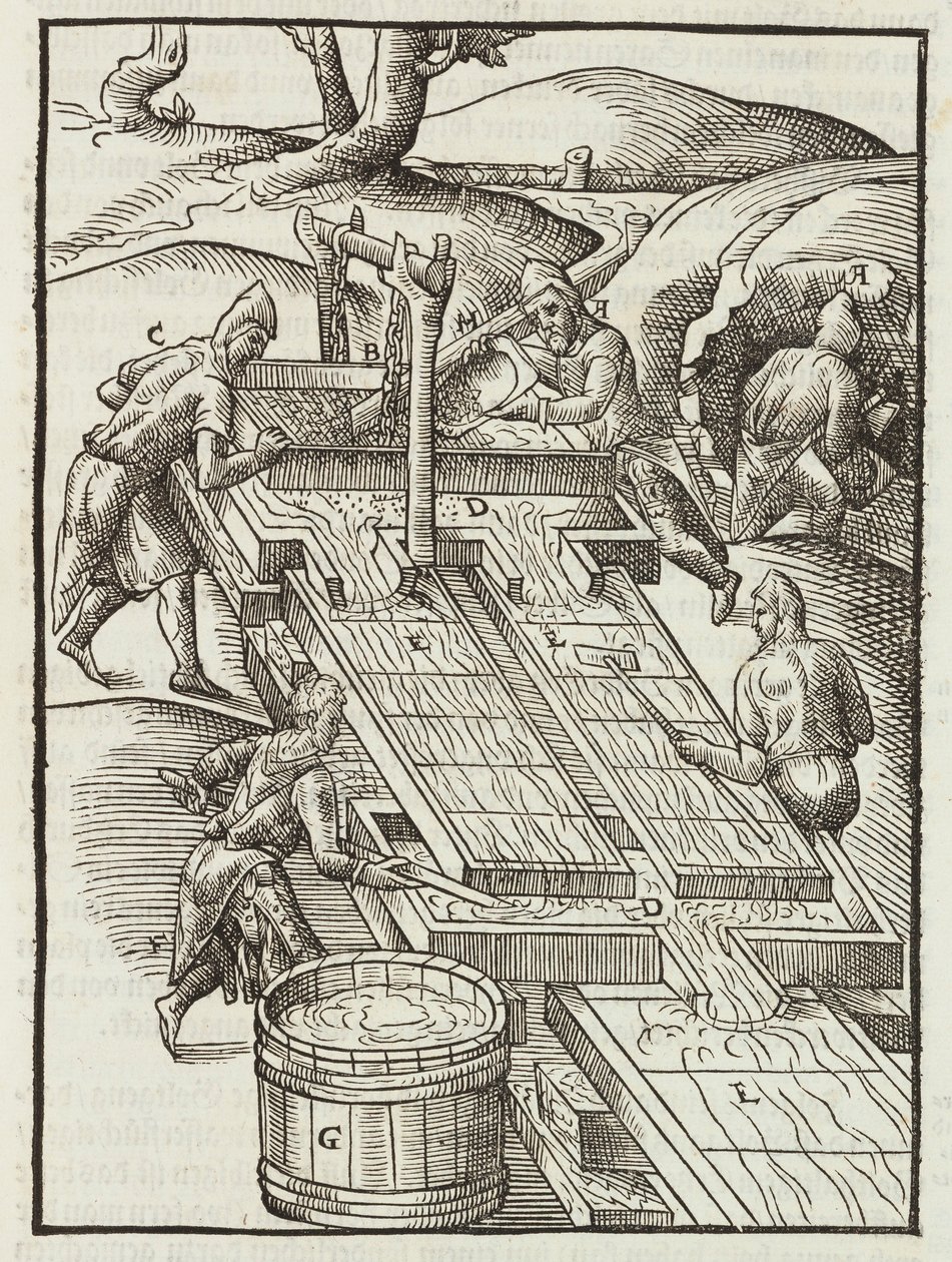 Washing gold ore in wooden trays filled with water - Engraving from Description of ores and main mining methods, by Lazarus Ecker by Unbekannt