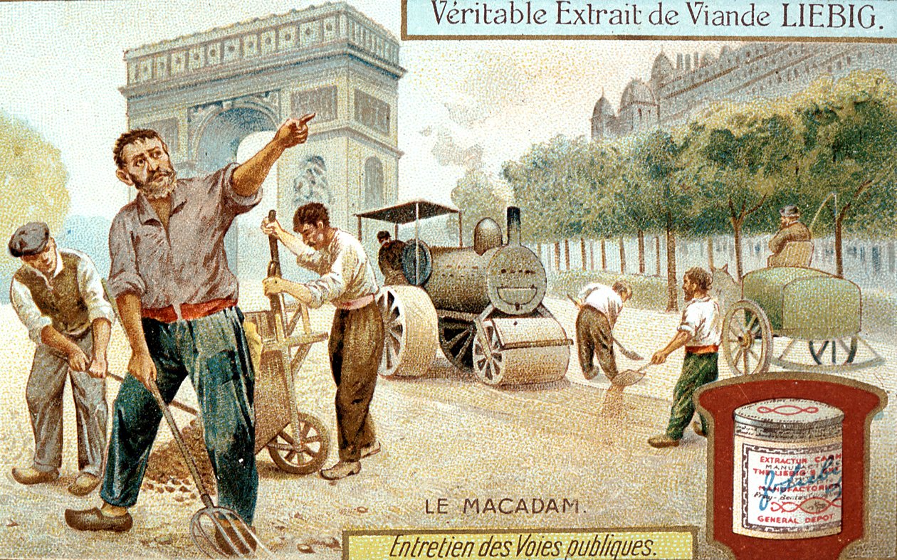 Laying a Macadam road surface and compacting it with a steam road roller, Paris, c1900 by Unbekannt