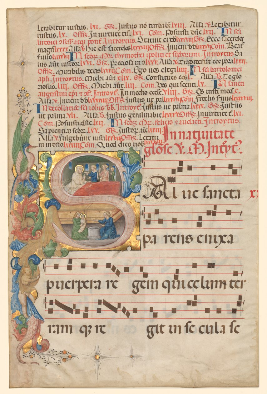 Leaf from a Gradual: Historiated Initial S[alve Sancta Parens] with Birth of the Virgin (recto) by Unbekannt