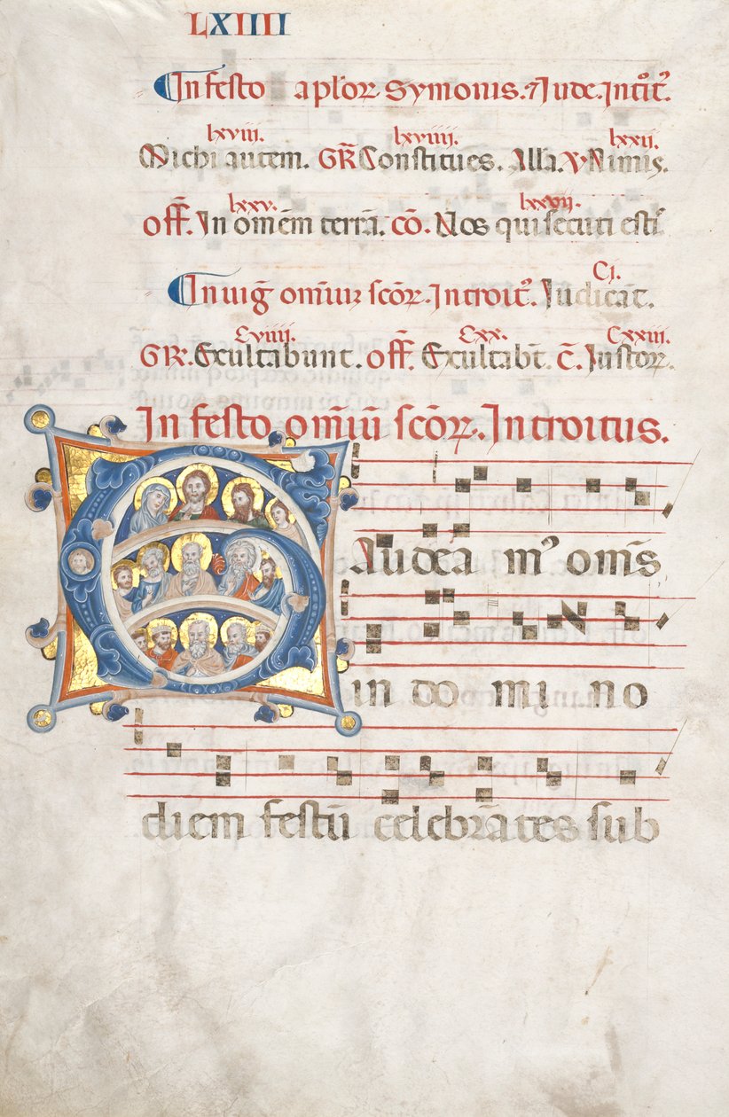 Leaf from a Gradual: Initial G with Christ, the Virgin, and Apostles, c. 1300 by Unbekannt