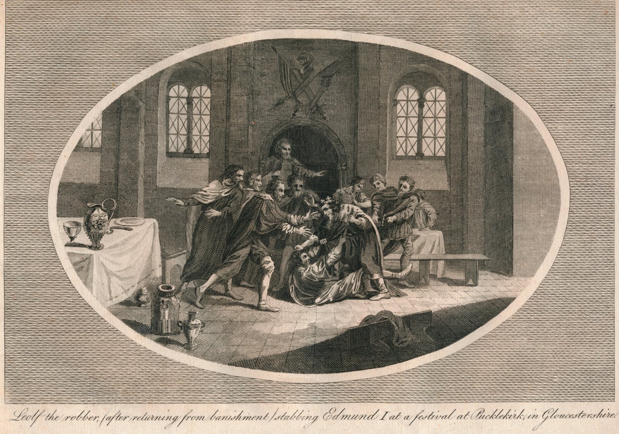 Leofa the robber stabbing Edmund I at a festival at Pucklekirk, Gloucestershire by Unbekannt