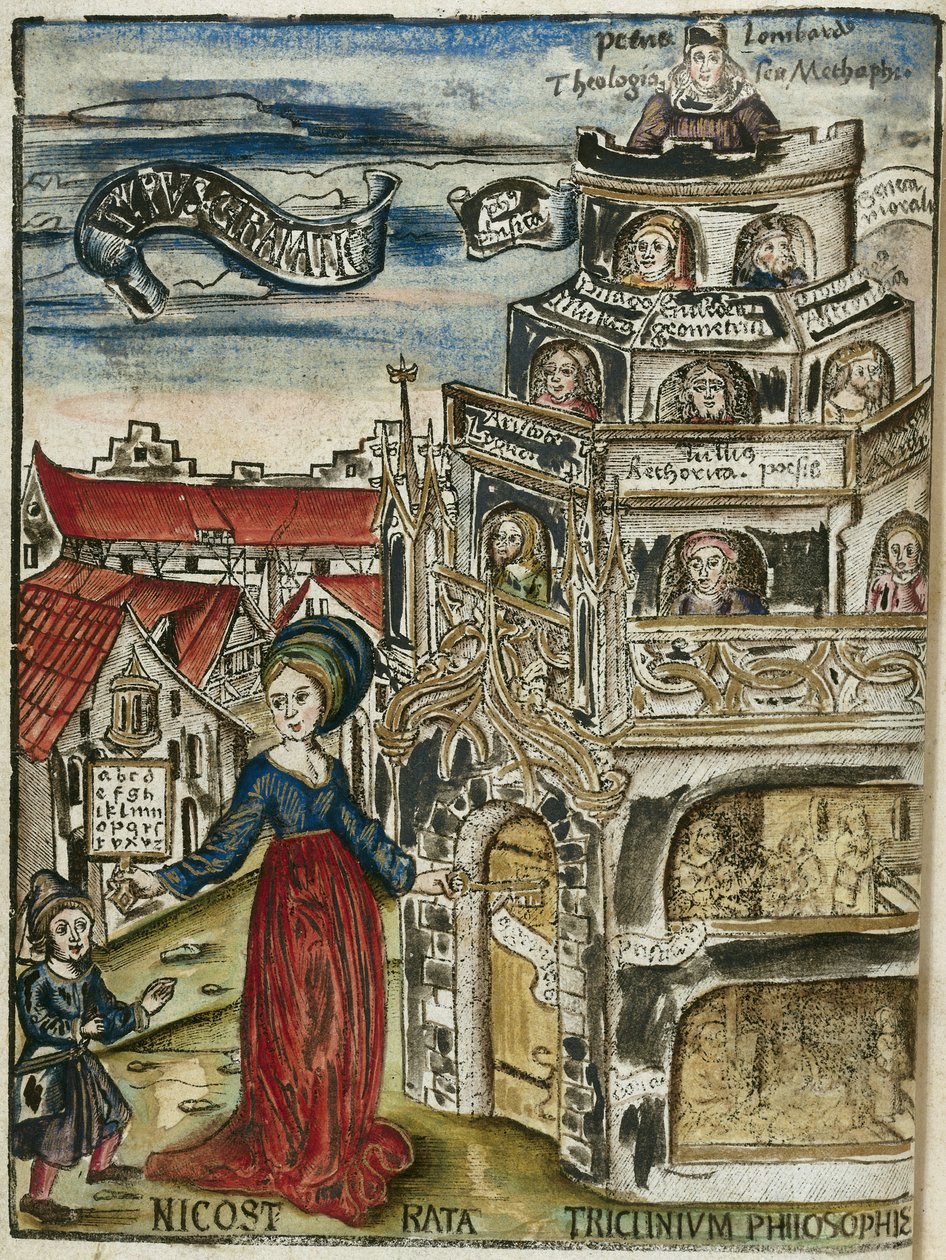 The Liberal Arts, Grammar: Nicostrata (also called Carmenta), Holding a Hornbook, Manual for Teaching (here, an Alphabet Book) and a Key, Opening the Door of the Tower of Learning to a Child by Unbekannt