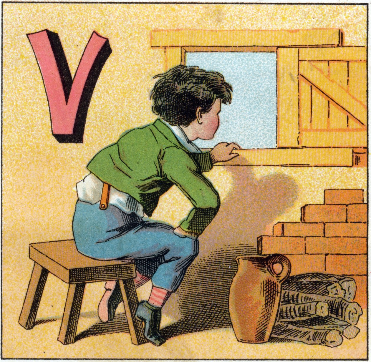 Letter V as vasistas. Curious child looking out of a window. Engraving in "Alphabet des petits ecoliers". Imaging of Epinal, circa 1885 by Unbekannt