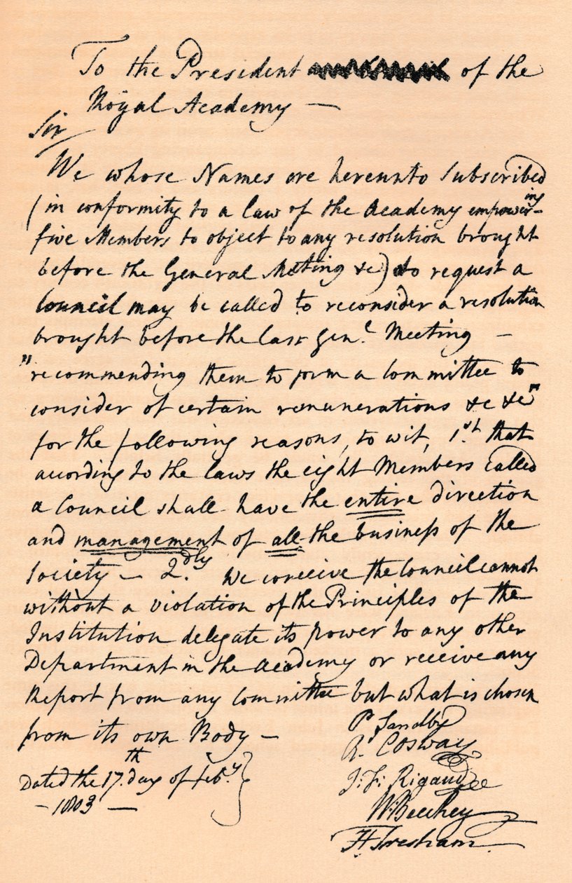Letter to Benjamin West, President of the Royal Academy by Unbekannt