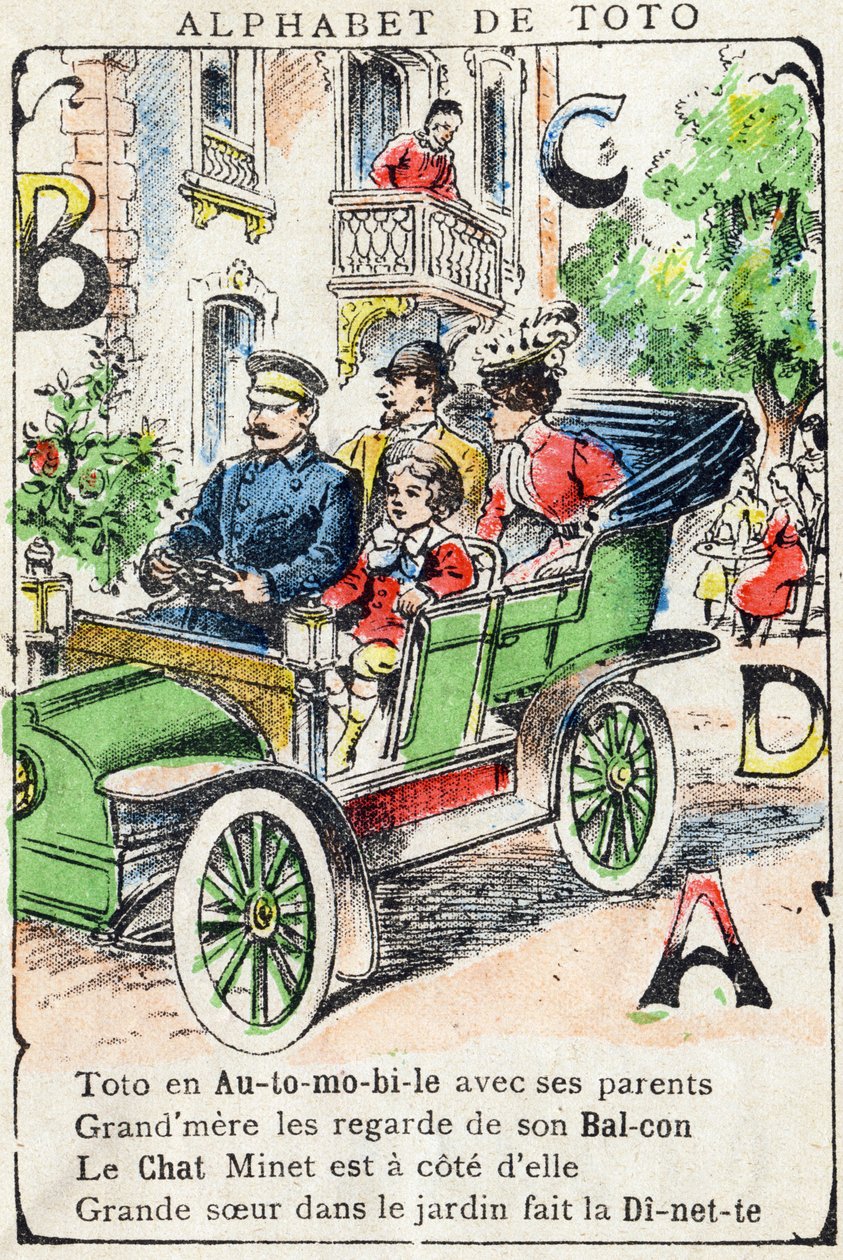 Letters A B C D Car Balcony Cat Dinette. Engraving in 