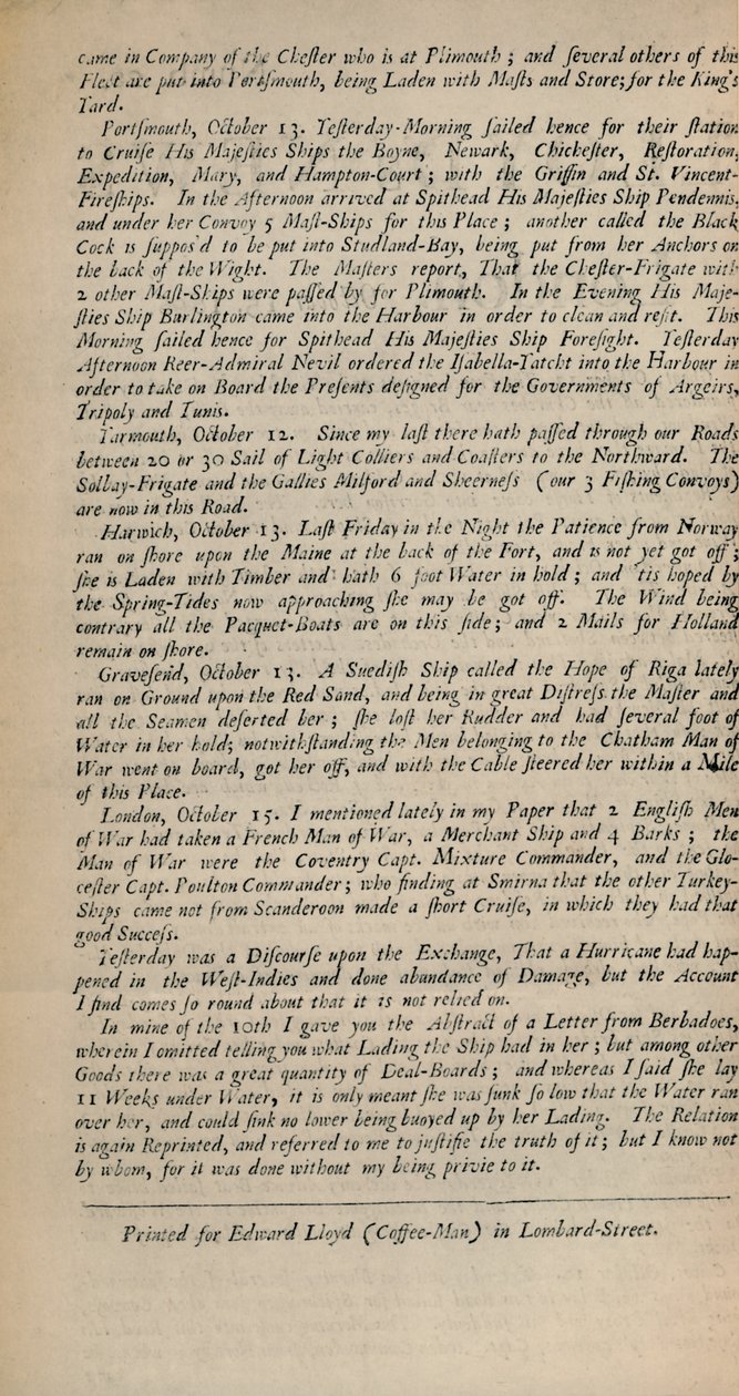 Lloyds News, London, October 15, 1696 - Numb. 20 by Unbekannt