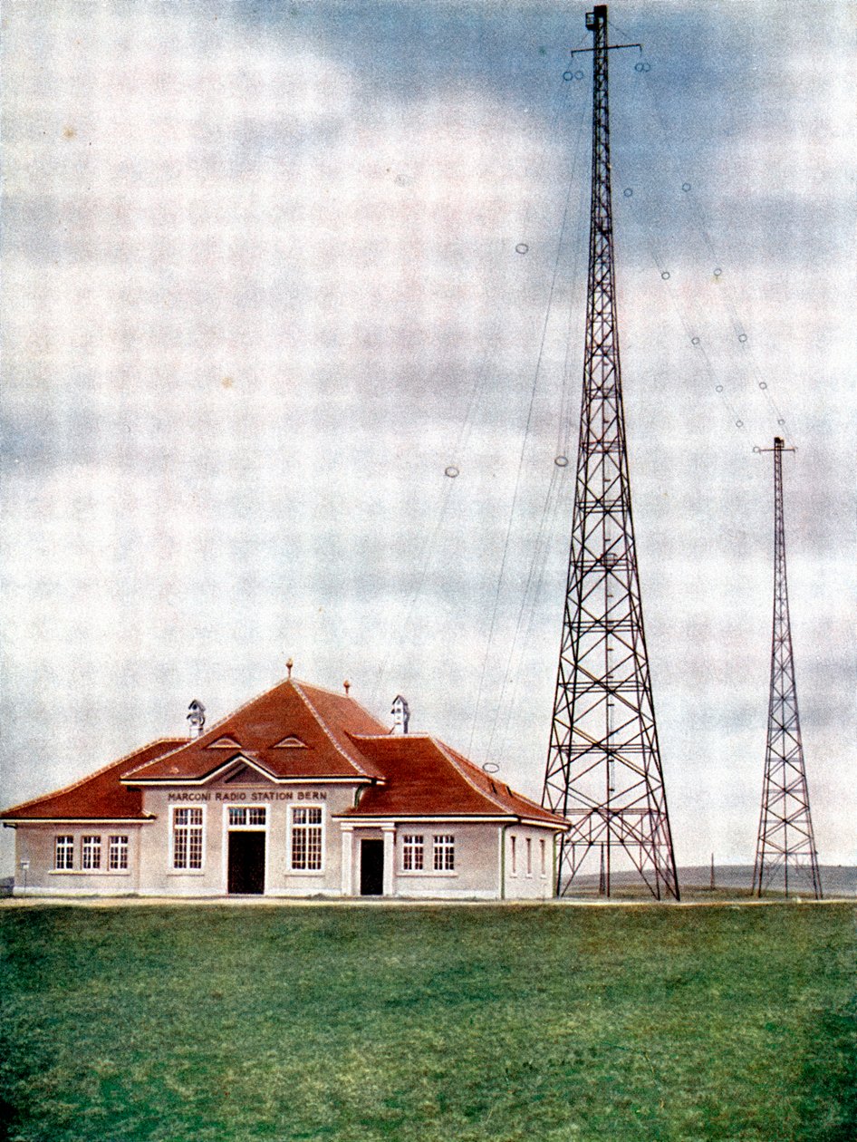 Long wave transmitter masts at a Marconi radio station at Berne, Switzerland by Unbekannt