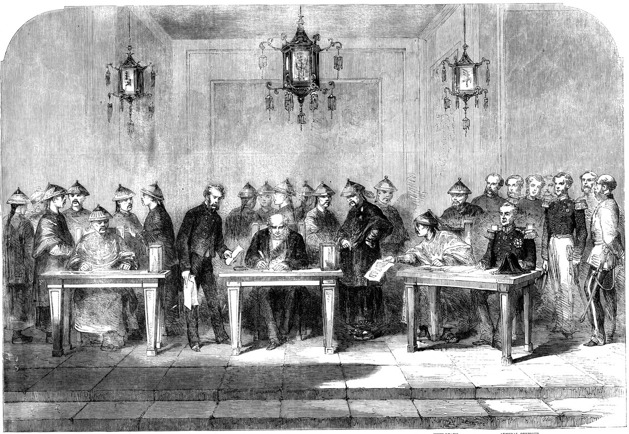 Lord Elgin Signing the Treaty of Tainjin to End the Second Opium War, 1858 by Unbekannt