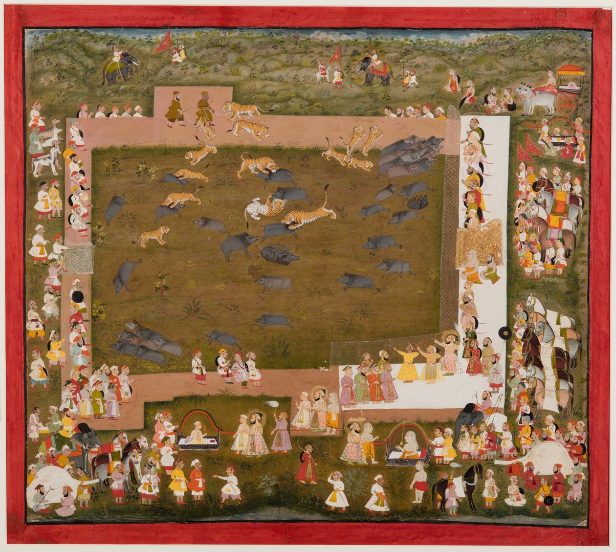 Maharaja Sangram Singh and his court observe a fight between tigers and boars at Sadri, c. 1720 by Unbekannt