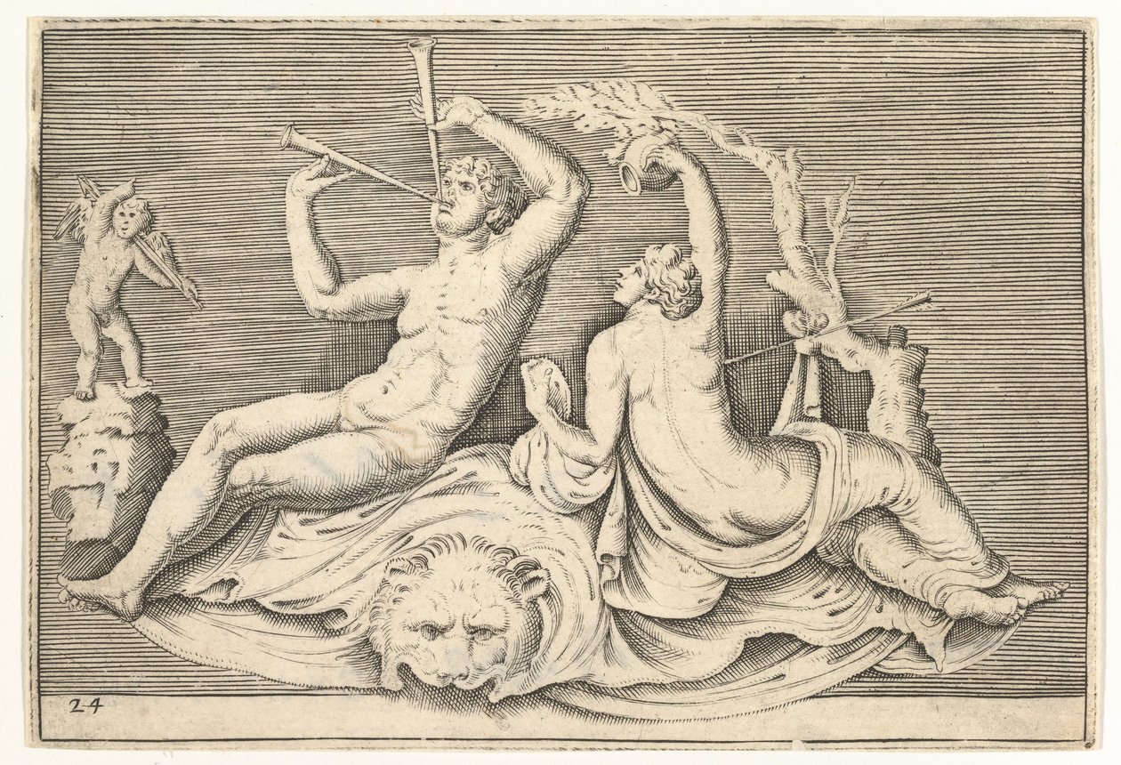 Man Playing Two Flutes and Woman on Lionskin, published ca. 1599-1622 by Unbekannt