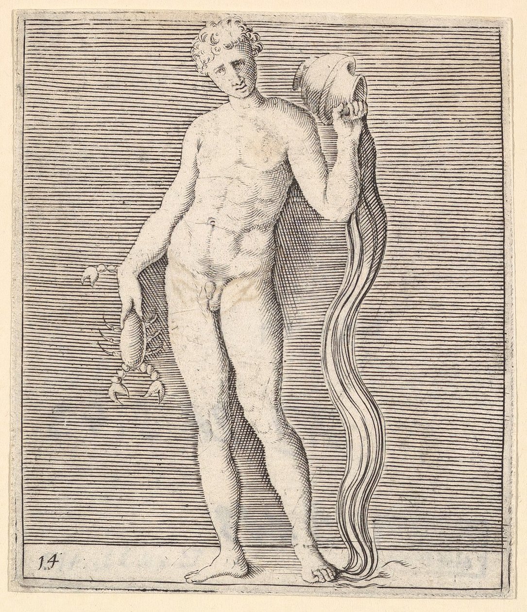 Man with Crayfish and Urn of Water, published ca. 1599-1622 by Unbekannt