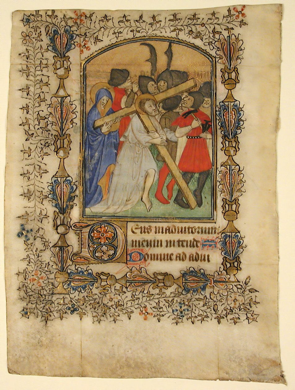Manuscript Leaf from a Book of Hours... Illuminated Initial D and Christ Bearing the Cross by Unbekannt