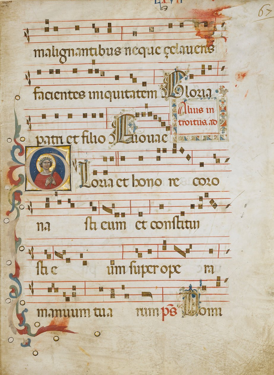 Manuscript Leaf with a Female Saint possibly Dorothy in an Initial G, from a Gradual, ca. 1330-40 by Unbekannt