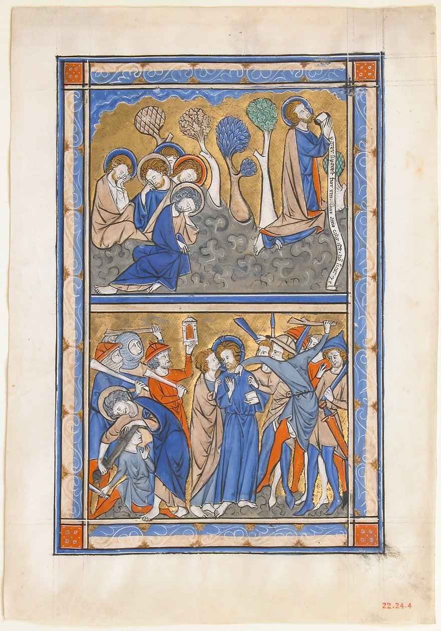 Manuscript Leaf with the Agony in the Garden and Betrayal of Christ, from a Royal Psalter, ca. 1270 by Unbekannt