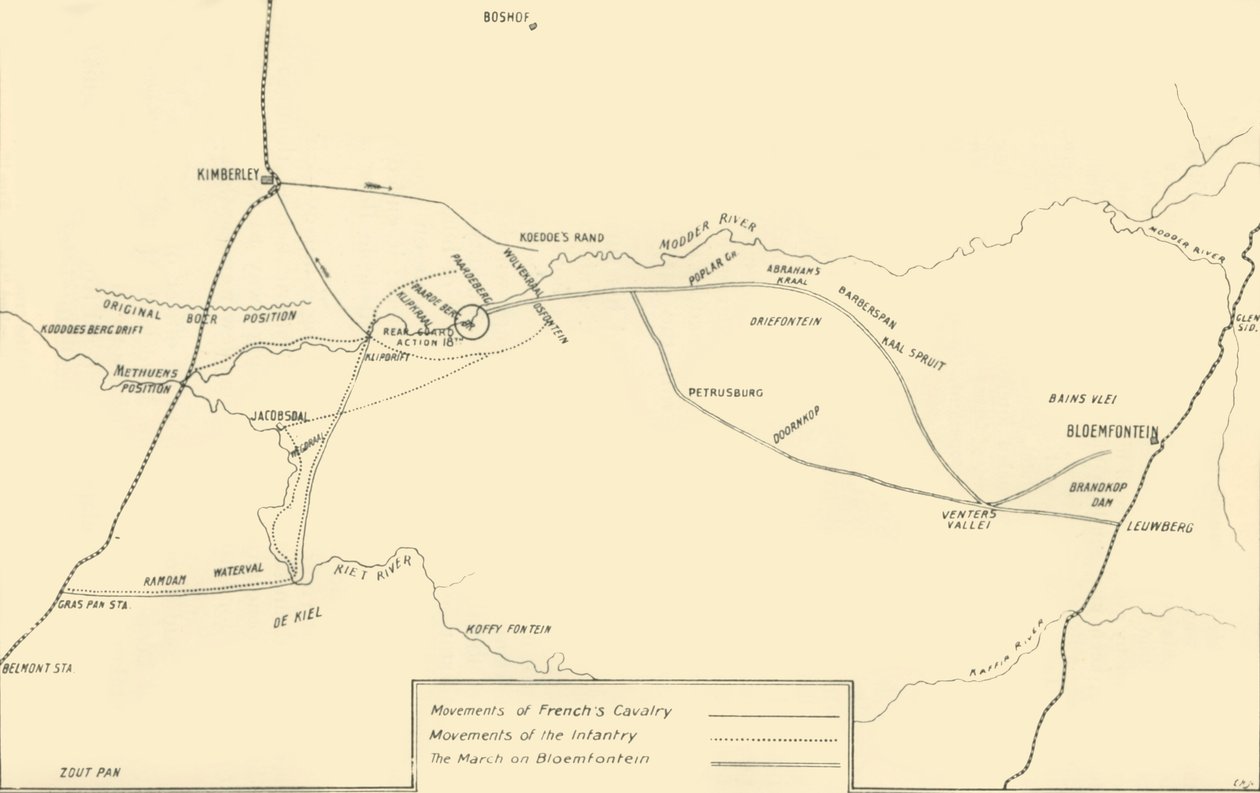 Map Illustrating the Movements for the Relief of Kimberley and the Capture of Bloemfontein, 1901 by Unbekannt