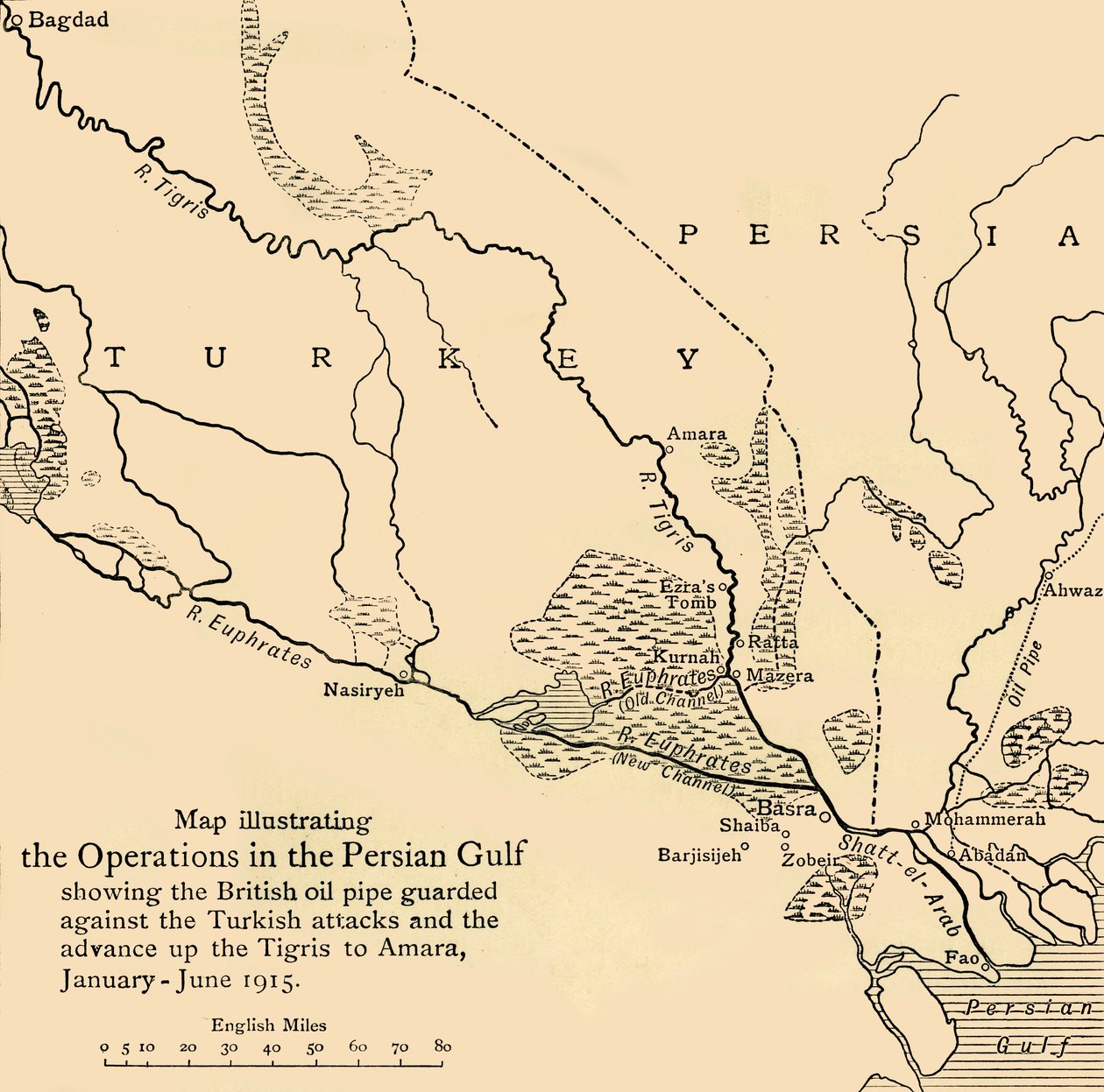 Map illustrating the Operations in the Persian Gulf, First World War by Unbekannt
