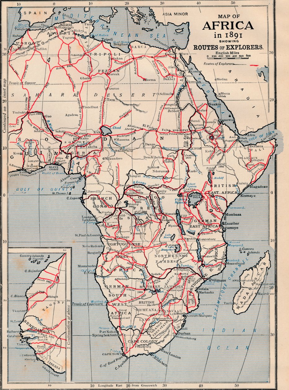 Map of Africa in 1891 showing Routes of Explorers by Unbekannt
