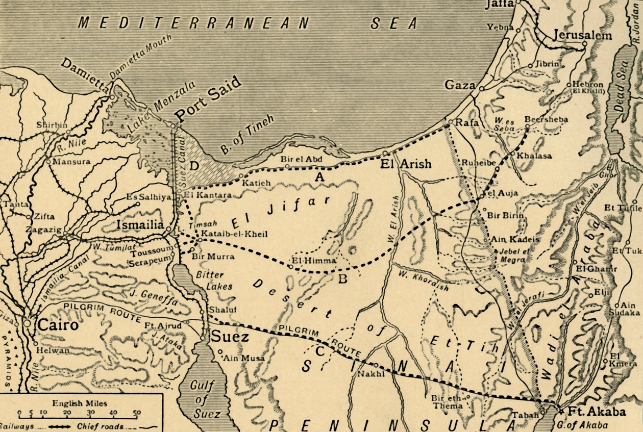 Map of the Turkish attack on the Suez Canal, Egypt, First World War by Unbekannt