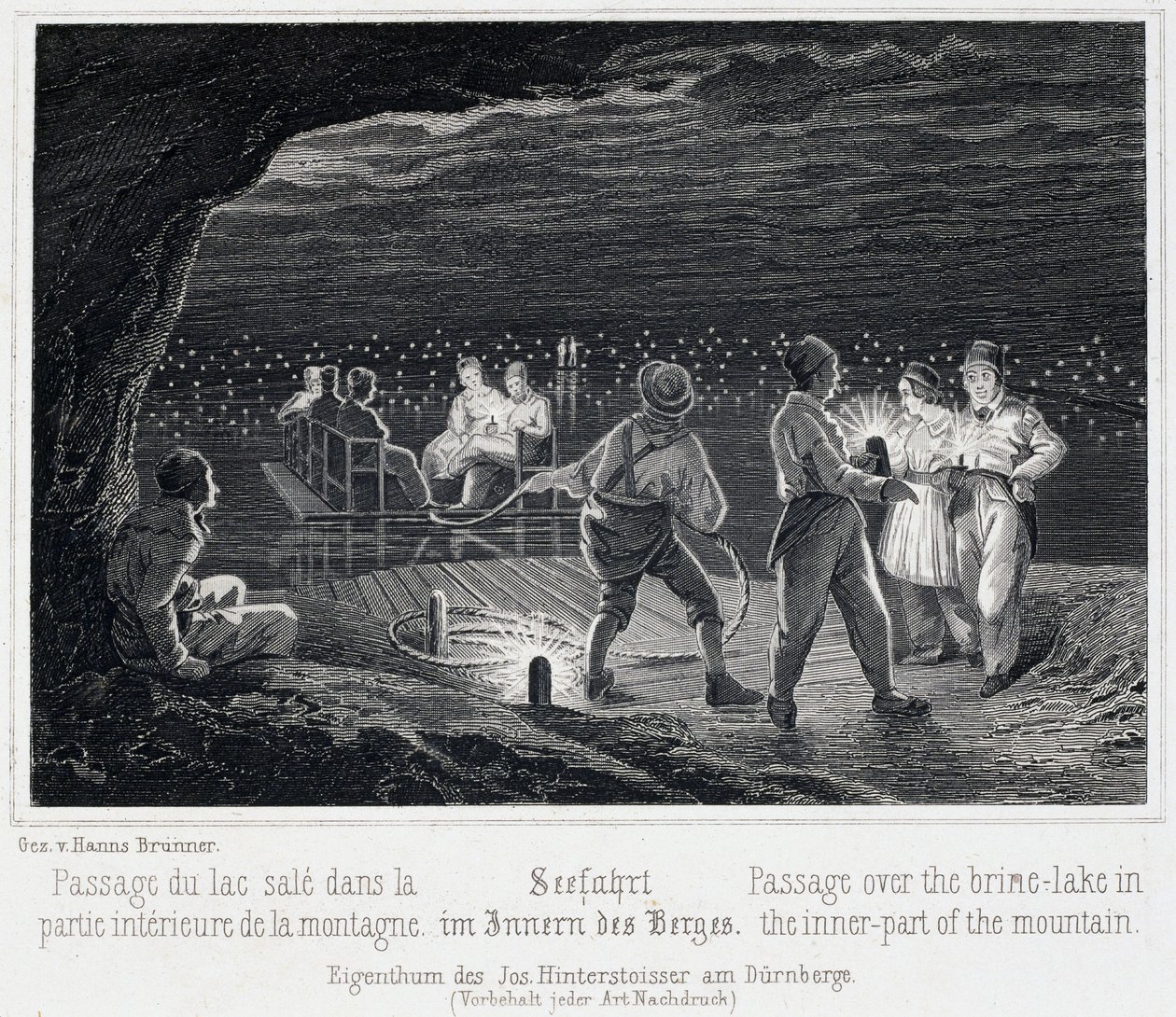 Salt mine: crossing the salt lake inside the mountain, around 1850, in Durrnberg, Austria by Unbekannt