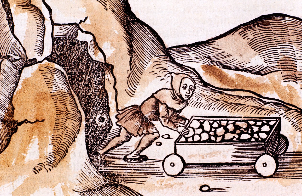 Miner pushing a trolley from a mine entrance by Unbekannt
