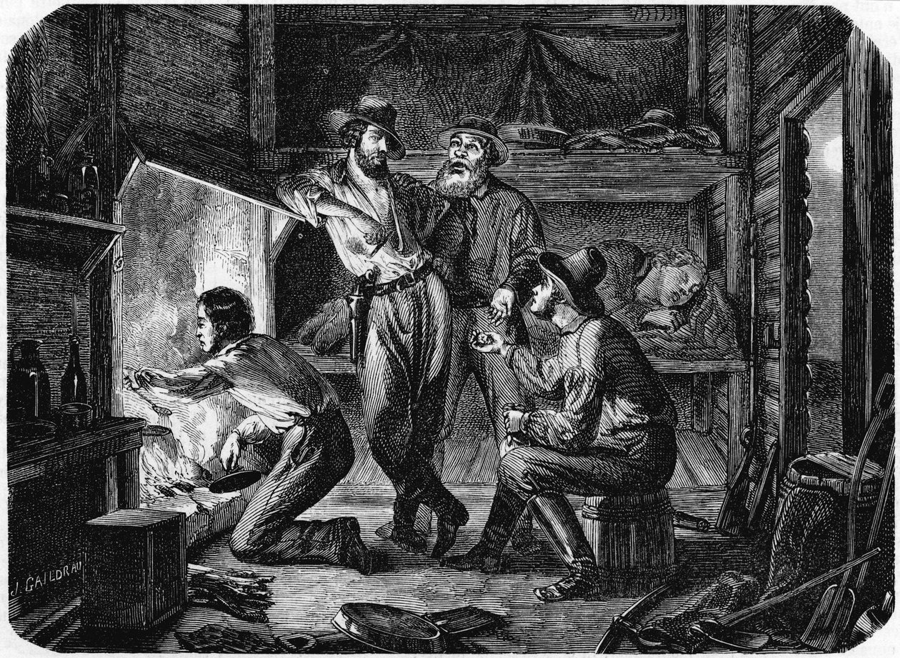 Miners in the Californian Gold Fields Relaxing in Their Log Cabin at Night by Unbekannt