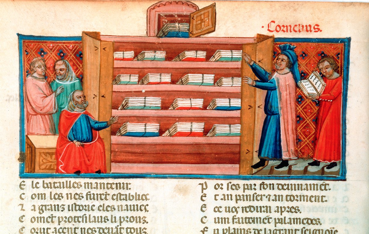 Monks and students in a library, 15th century by Unbekannt