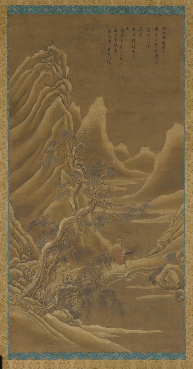 Mountains, a River, and Pines - A Man on a Donkey by Unbekannt