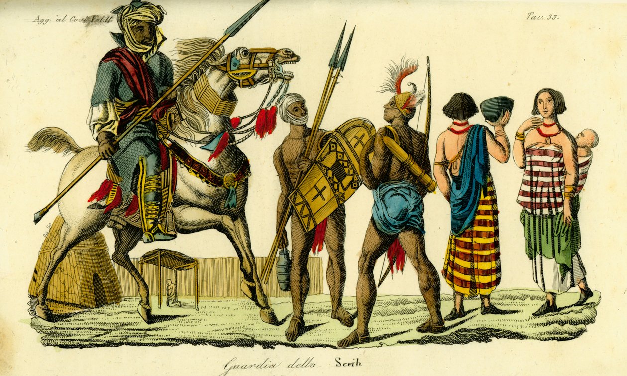 Mounted bodyguard to the Sheikh of Bornu along with Kanembu lancer and Munga archer, Kanem-Bornu Empire by Unbekannt