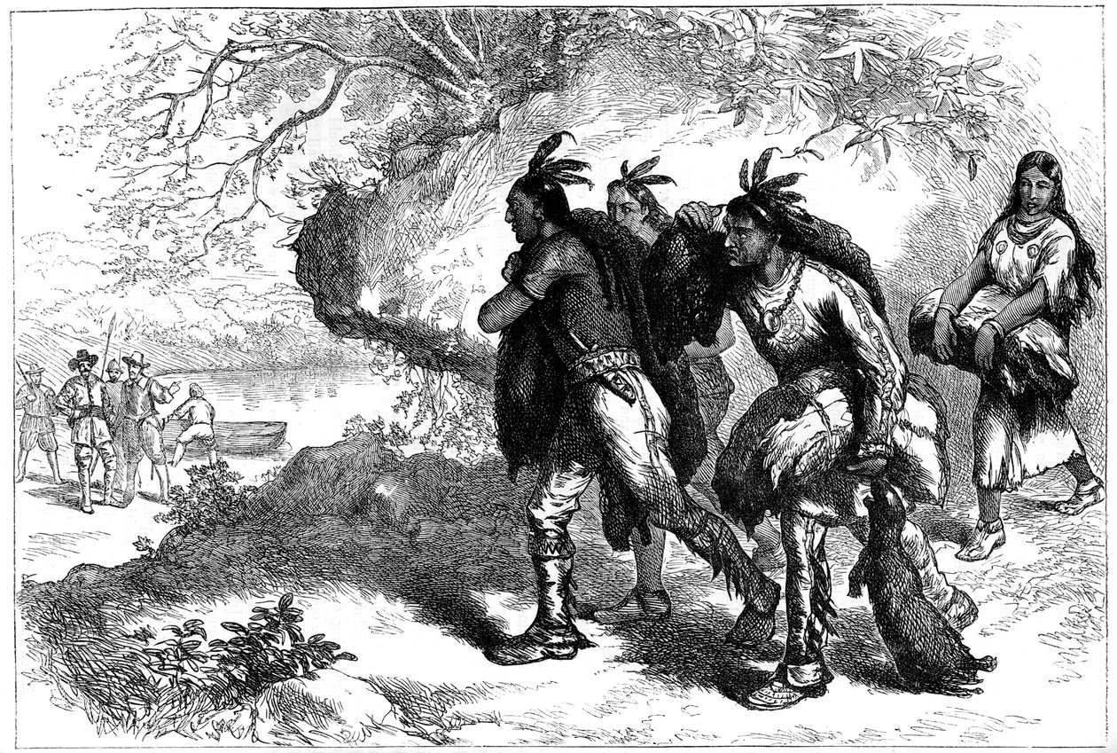 Native Americans Bringing Beaver Skins to European Traders, 17th Century c1880 by Unbekannt