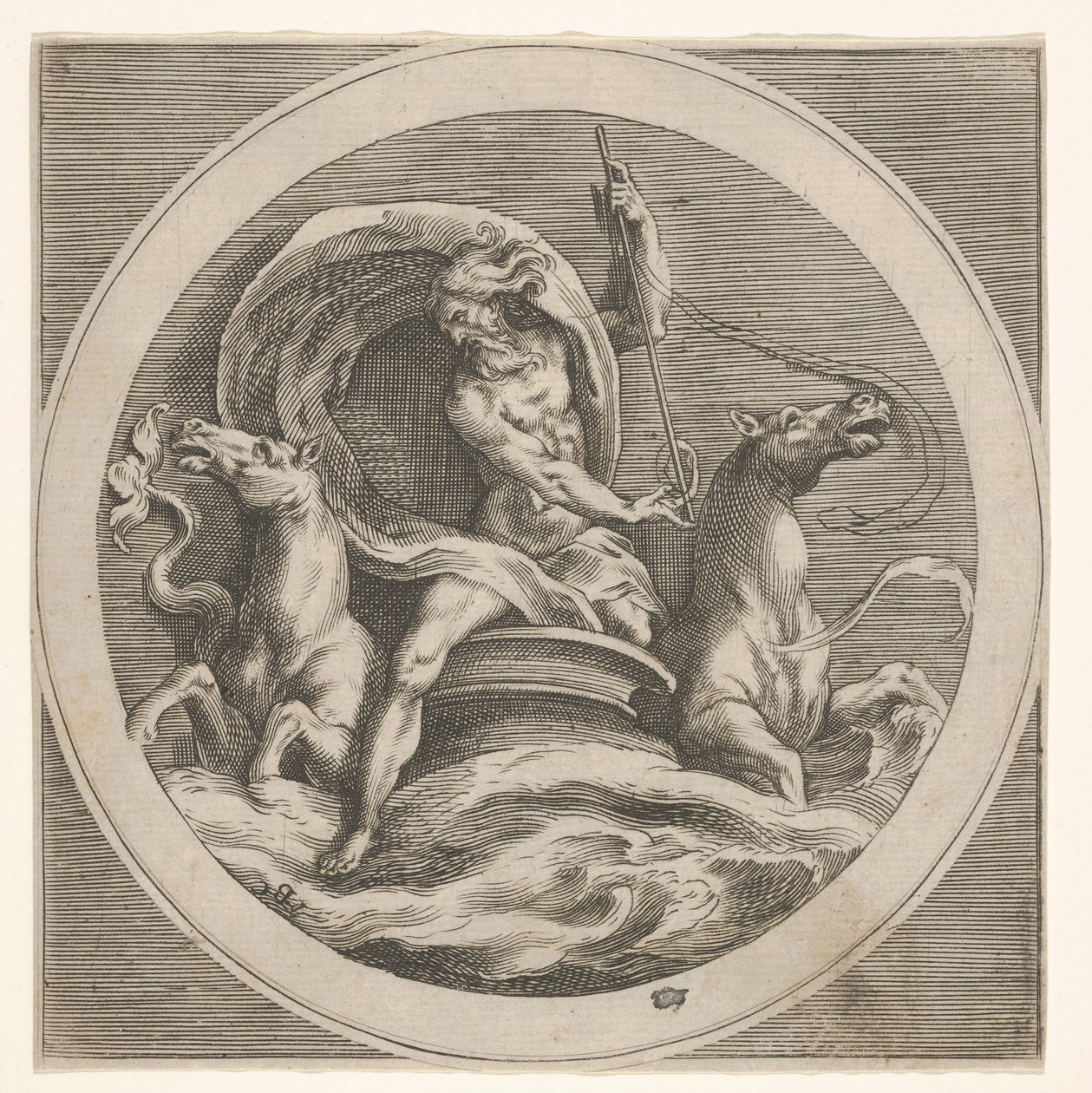 Neptune Rising from the Sea and Bearing a Staff, Accompanied by Two Horse-Headed ..., ca. 1550-1600 by Unbekannt