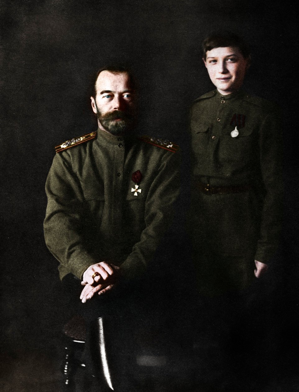 Nicholas II, Tsar of Russia and his son, Alexei, in military uniform by Unbekannt