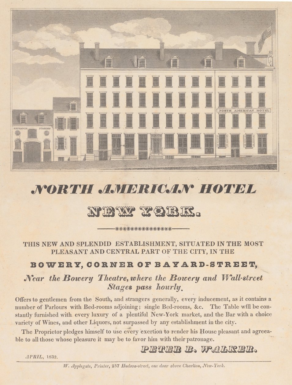 North American Hotel, New York, April 1832 by Unbekannt
