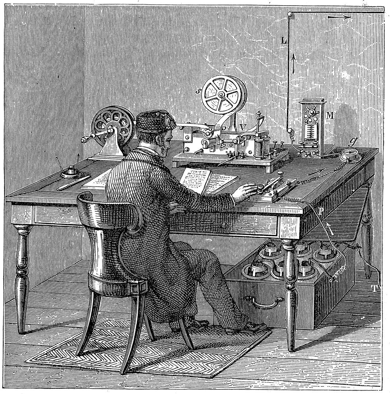 Operator sending a message on a Morse electric printing telegraph by Unbekannt