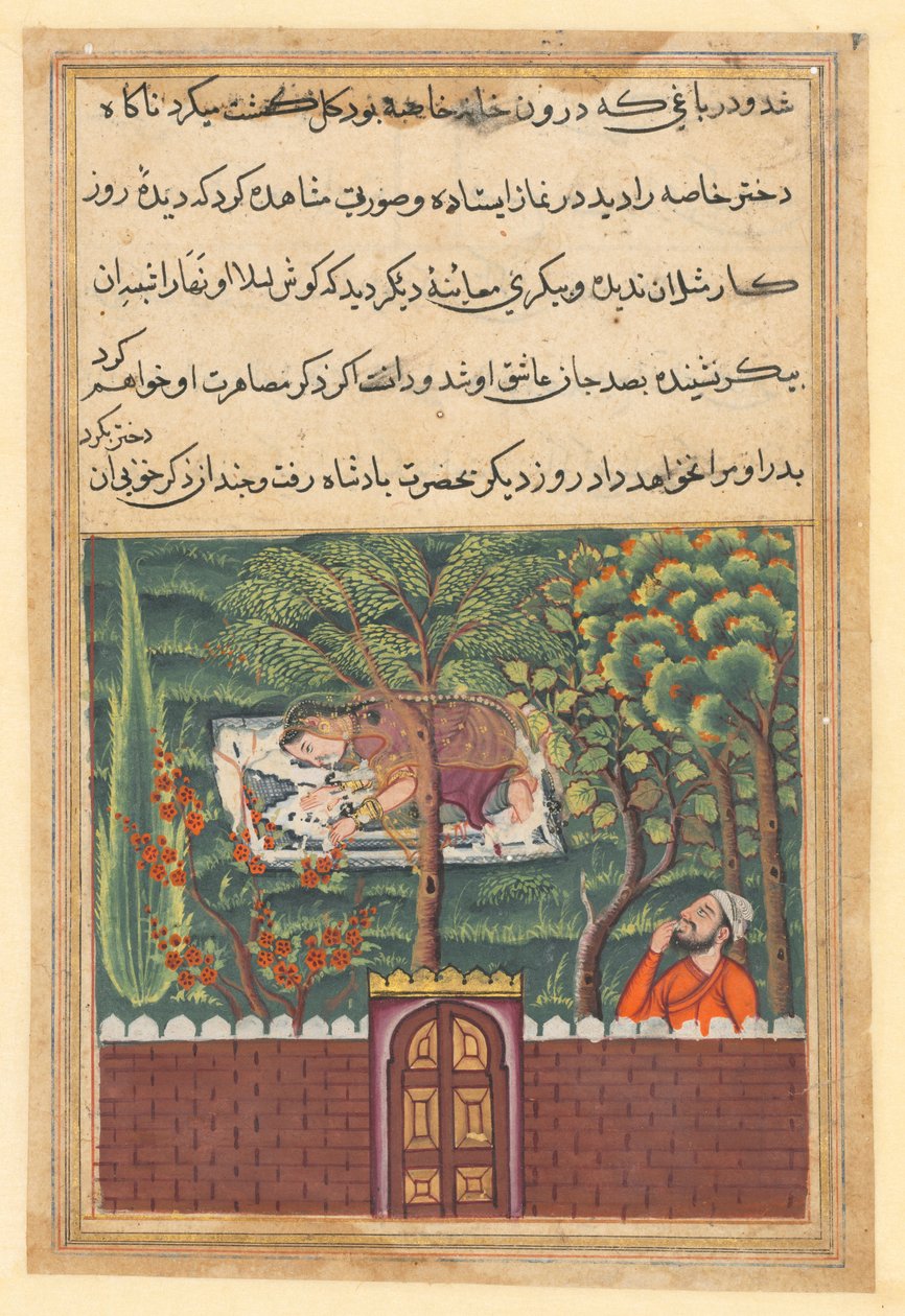 Page from Tales of a Parrot Tuti-nama: Fifty-first night: Khulasa, a vizier, sees..., c1560 by Unbekannt